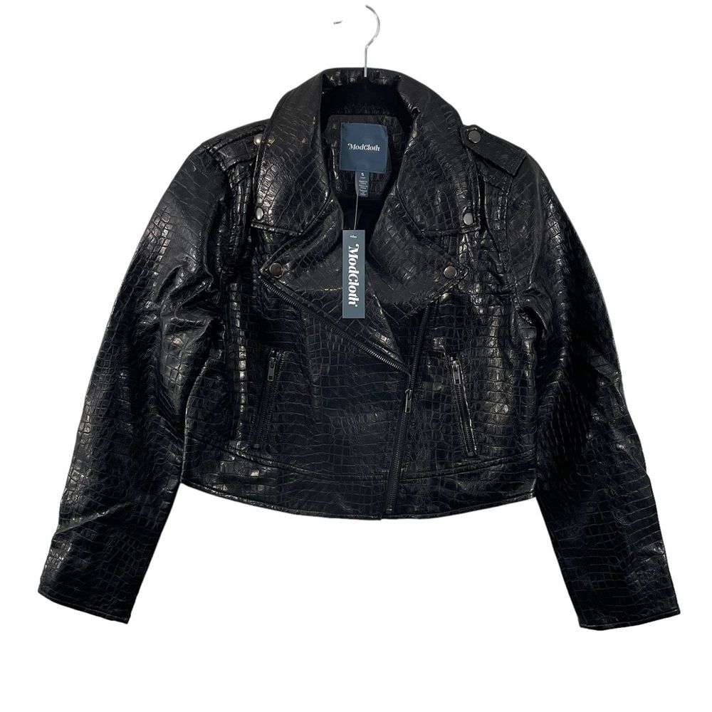 NWT ModCloth Crocodile Rock Black‎ Faux Leather Moto Jacket Size SMALL
